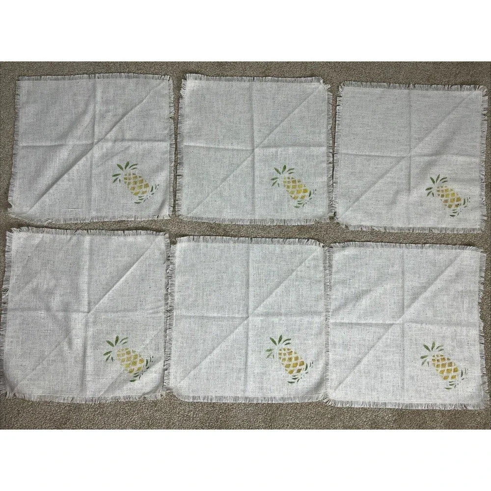 6 VTG Cocktail Napkins 13x13” Beige Stenciled‎ Pineapple Cotton Linen Fringe